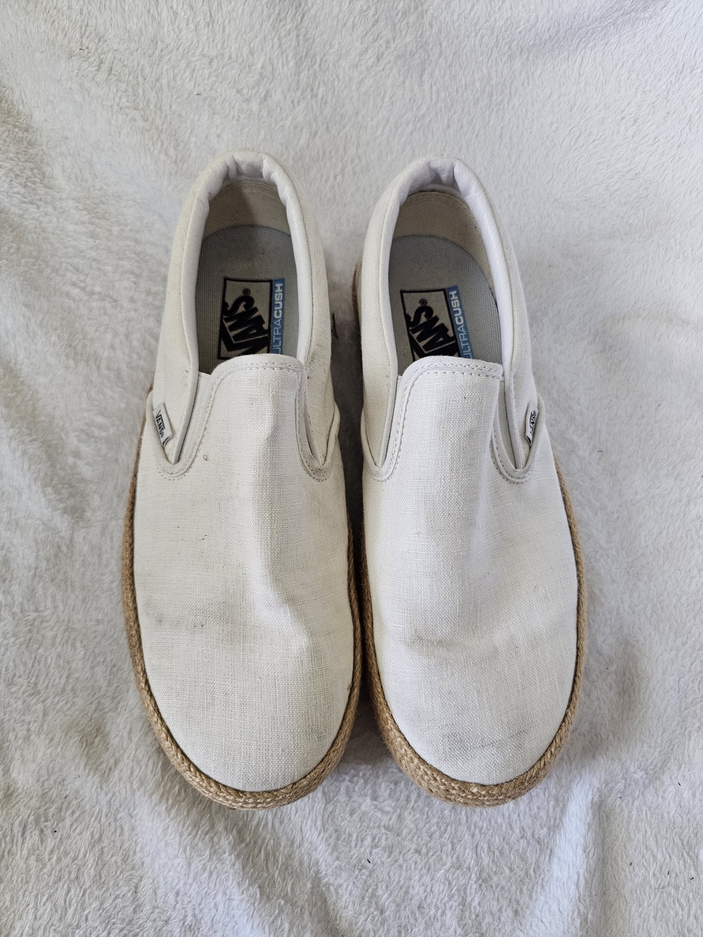 Vans White Canvas Slip-On Loafers with Jute Midsole Size 10 W, 8.5 M